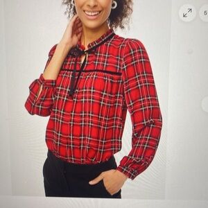 NWT J Crew red tartan plaid velvet tie-neck blouse! Size xl.